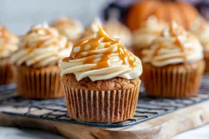 Easy Pumpkin Cupcakes with Salted Caramel Cream Cheese Frosting