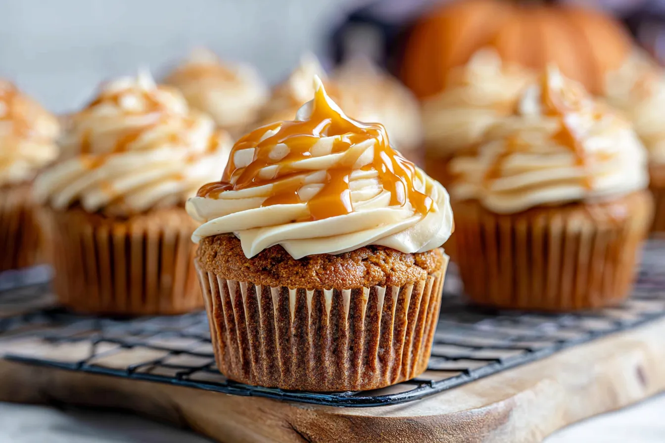 Easy Pumpkin Cupcakes with Salted Caramel Cream Cheese Frosting