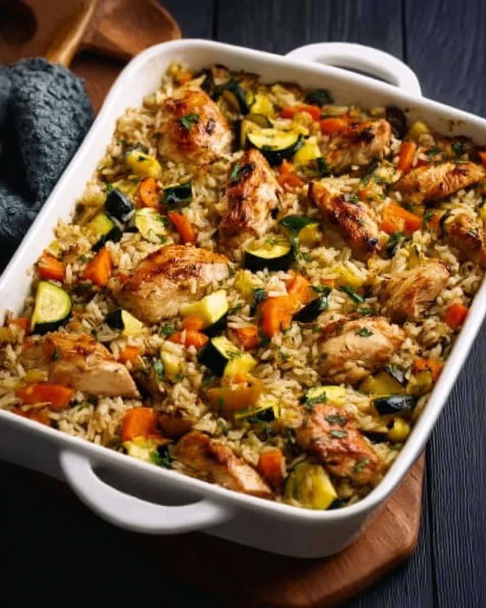 Baked rice dish with colorful vegetables and tender chicken pieces