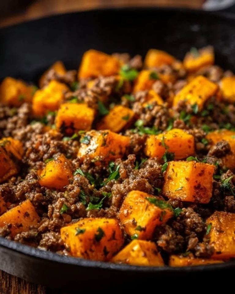 Best Ground Beef and Sweet Potatoes Skillet dish with colorful ingredients