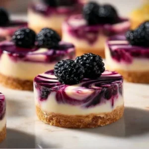 Delicious blackberry mini cheesecakes topped with fresh blackberries