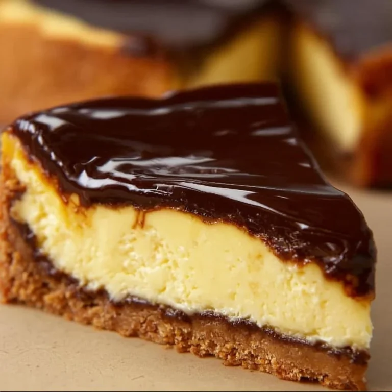 Delicious Boston Cream Pie Cheesecake topped with chocolate and vanilla cream