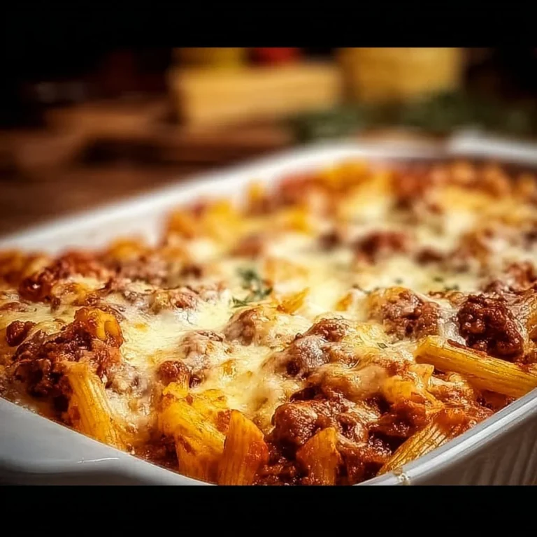 Cheesy baked mostaccioli topped with melted cheese and herbs in a baking dish.