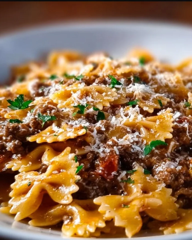 Cheesy beef and bowtie pasta served in a bowl