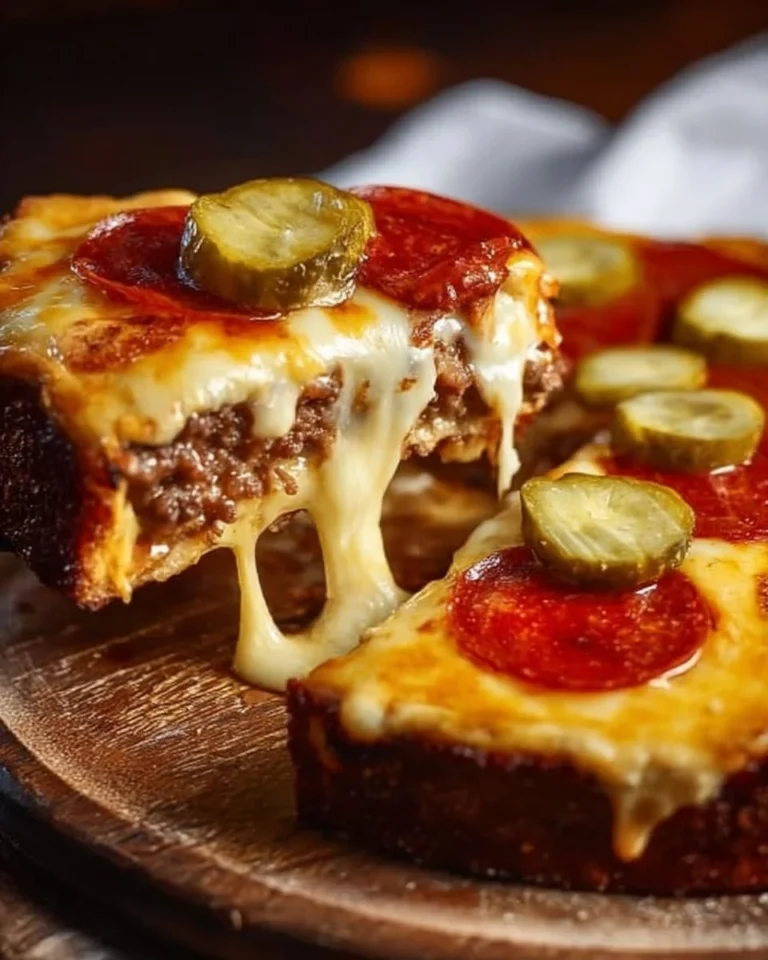 Cheesy Pizza Burger Pie with melted cheese and savory toppings