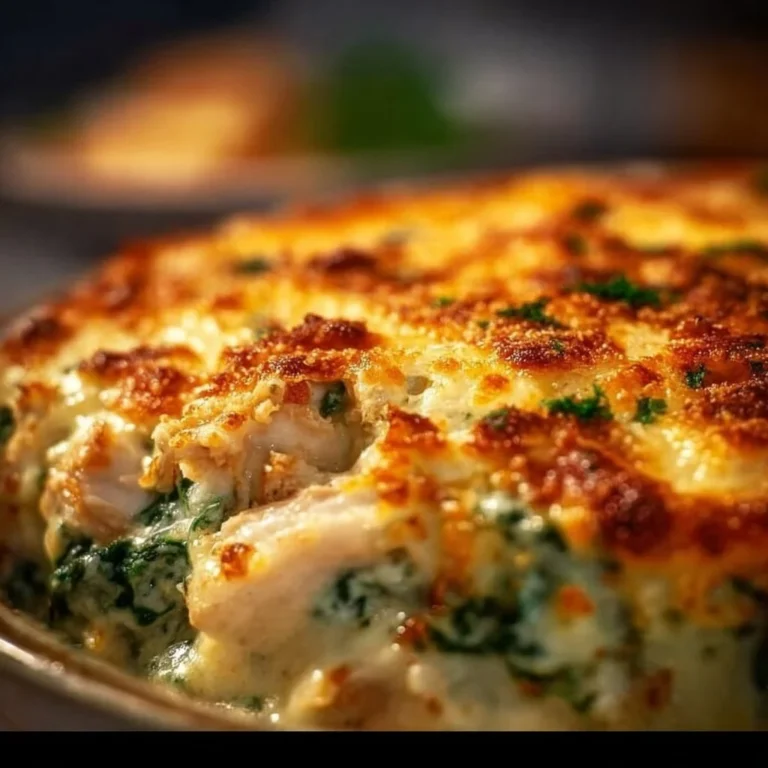 Creamy Chicken Spinach Casserole with Cream Cheese dish on a plate