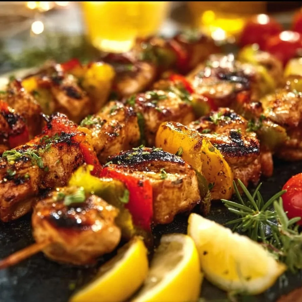 Marinated Chicken Kabobs ready for grilling on a barbecue skewers