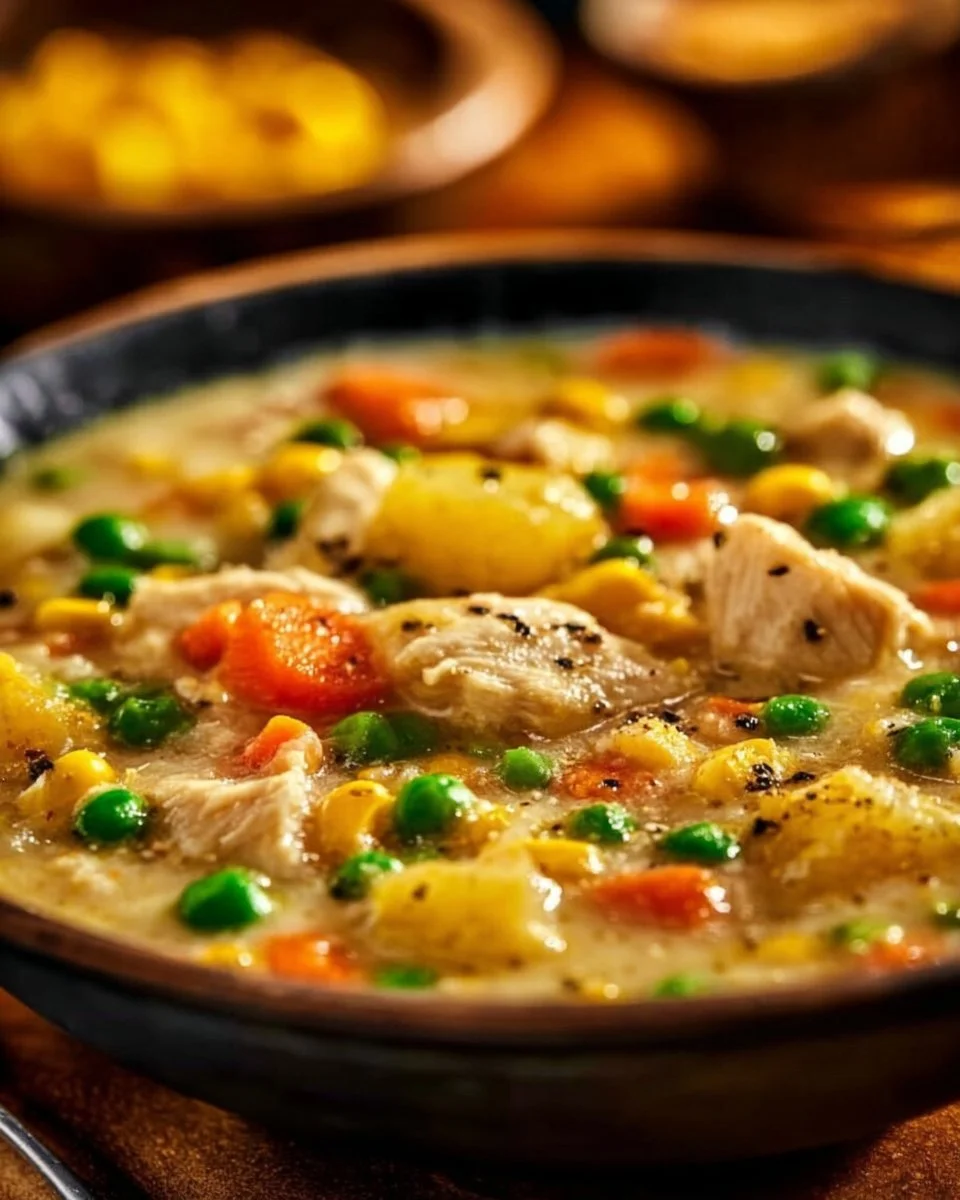 Delicious Chicken Pot Pie Soup in a bowl with vegetables and herbs