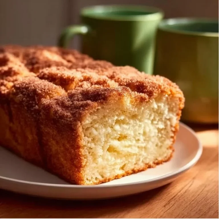 Freshly baked cinnamon donut bread with a golden crust and cinnamon topping