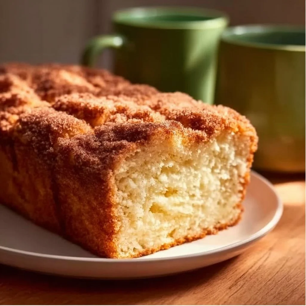 Freshly baked cinnamon donut bread with a golden crust and cinnamon topping