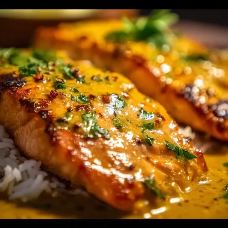 Coconut Curry Salmon garnished with garlic butter sauce on a plate