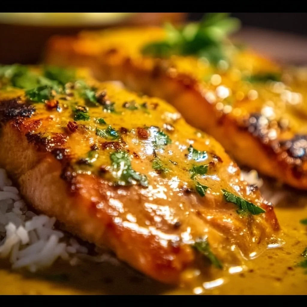 Coconut Curry Salmon garnished with garlic butter sauce on a plate