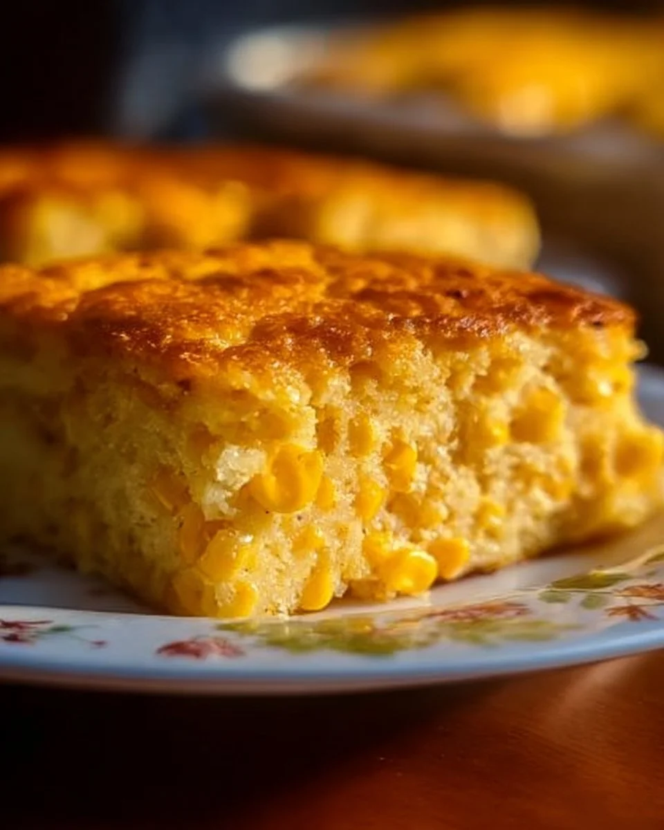 Delicious cornbread casserole served in a baking dish