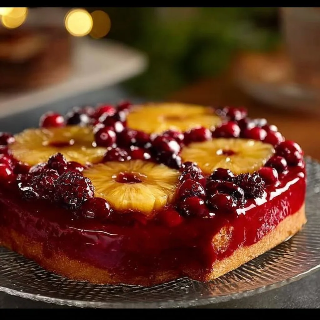 Delicious Cranberry Pineapple Upside-Down Cake with vibrant cranberries and pineapple topping.