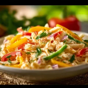 Creamy Cajun crab pasta salad with colorful vegetables and seasonings.