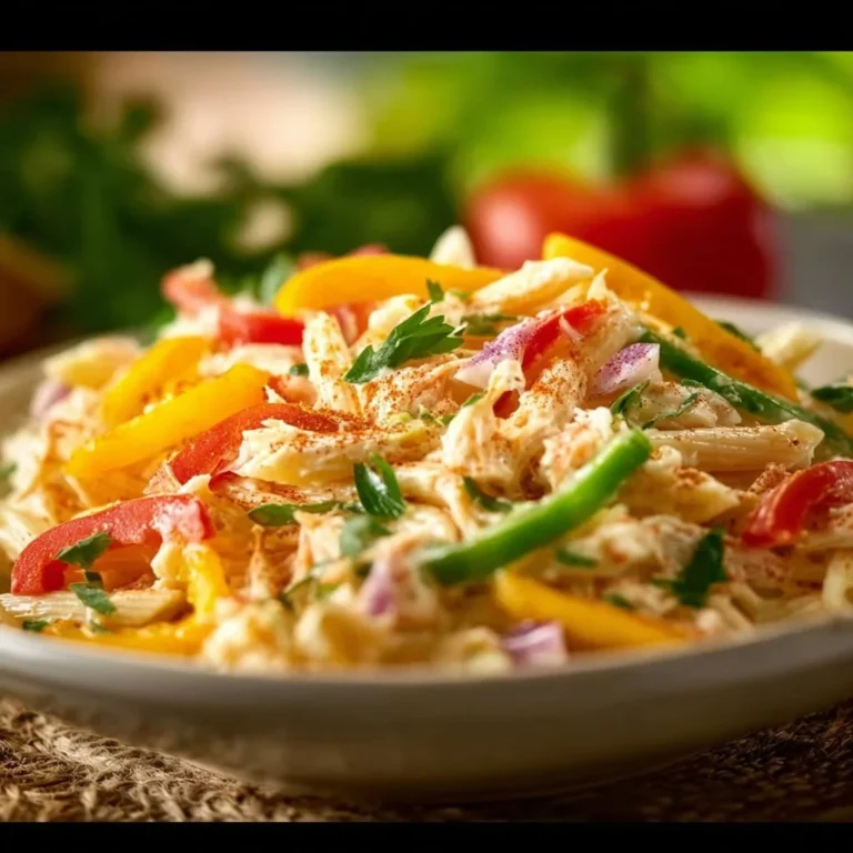 Creamy Cajun crab pasta salad with colorful vegetables and seasonings.