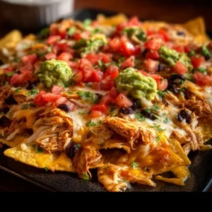Plate of creamy chicken nachos topped with cheese and jalapeños