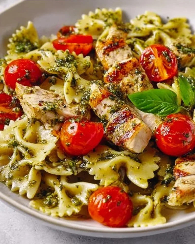 Creamy Chicken Pesto Pasta garnished with basil and parmesan cheese.