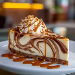 Creamy coffee swirl cheesecake topped with chocolate drizzle and coffee beans.