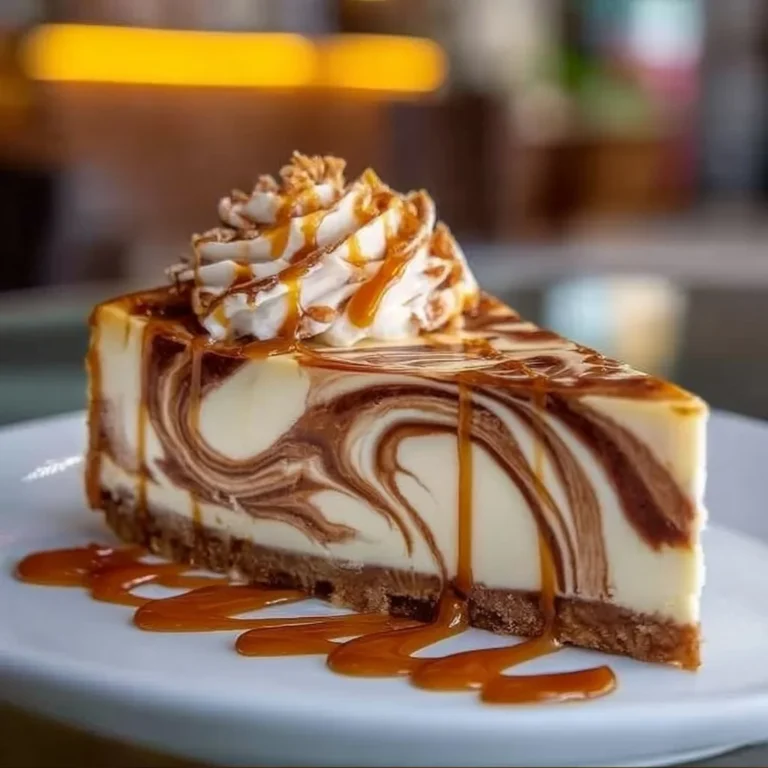 Creamy coffee swirl cheesecake topped with chocolate drizzle and coffee beans.
