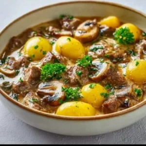 Delicious creamy garlic mushroom beef served on a plate
