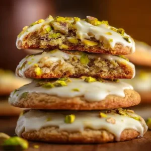 Creamy pistachio cookies with white chocolate on a baking sheet
