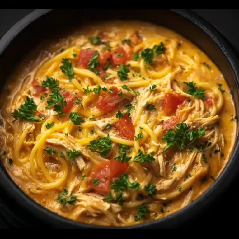 Crockpot cheesy chicken spaghetti in a bowl, garnished with fresh herbs.