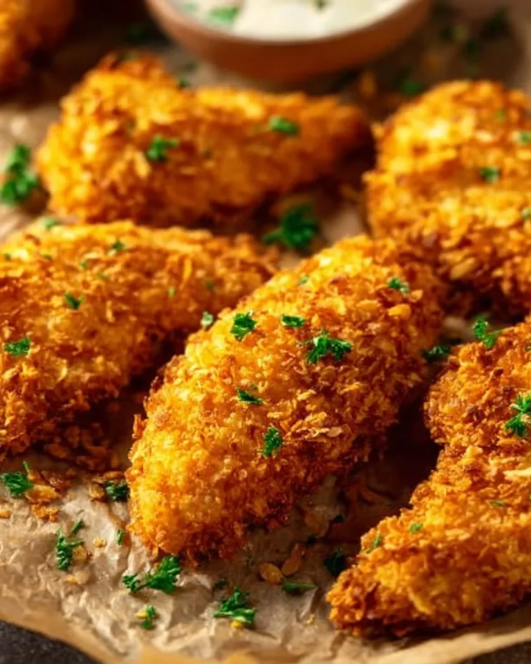 Crunchy Cornflake Chicken Tenders plated with dipping sauce