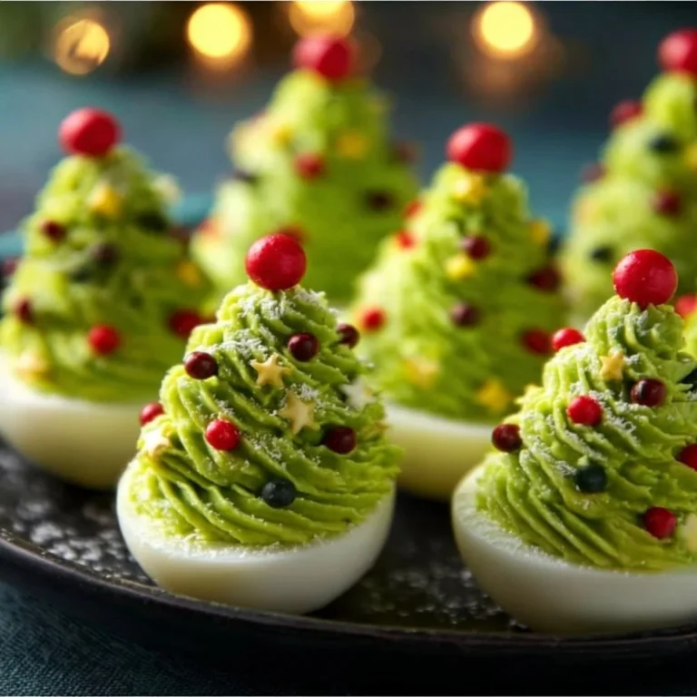 Deviled eggs arranged as Christmas trees for a festive holiday appetizer