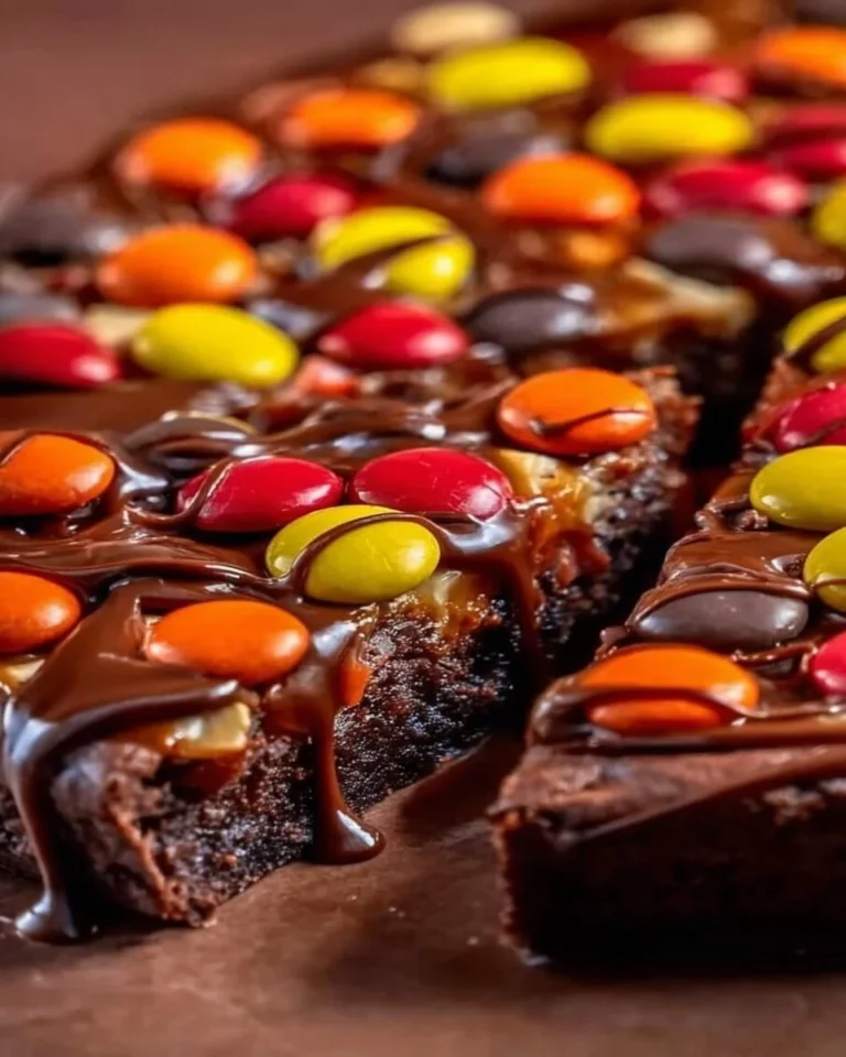 Delicious easy chocolate brownie pizza topped with candy and chocolate drizzle.