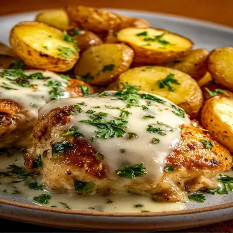 Garlic Parmesan Chicken served with golden roasted potatoes
