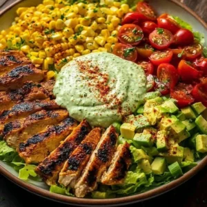 Delicious grilled chicken avocado salad in a bowl with fresh ingredients