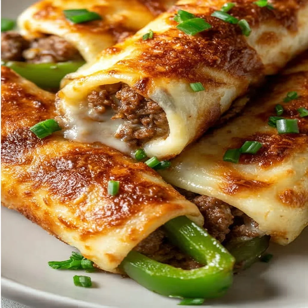 Keto Philly Cheesesteak Roll-Ups served on a plate with peppers and cheese
