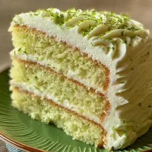Slice of Key Lime Cake with Cream Cheese Frosting on a plate