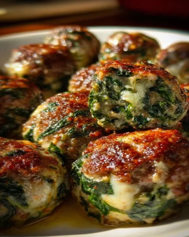 Mozzarella-Stuffed Spinach Garlic Meatballs served on a plate