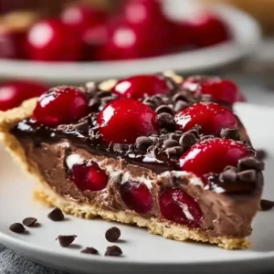 No-bake chocolate cherry pie with chocolate ganache and cherry topping