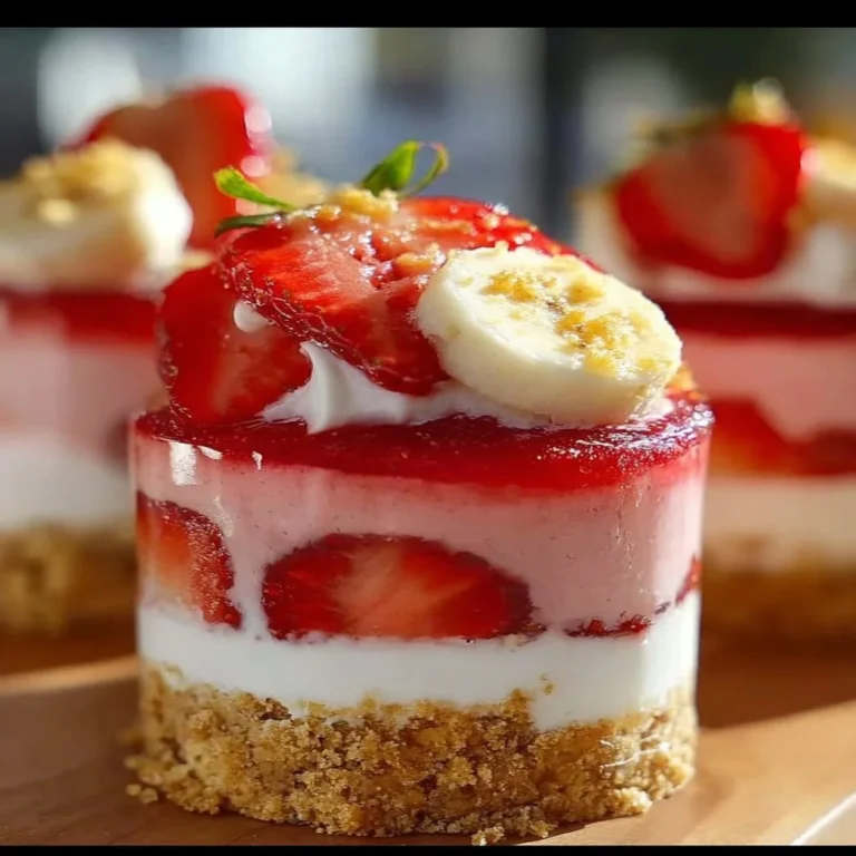 No-Bake Mini Strawberry Banana Pudding Crunch Cheesecakes topped with fresh strawberries