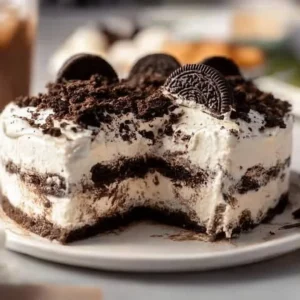 No-Bake Oreo Ice Cream Cake with chocolate and cookie layers