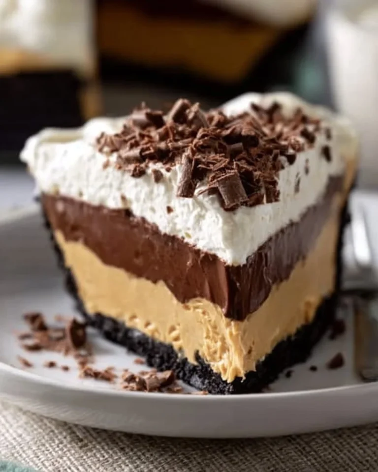 Delicious no bake peanut butter pie topped with chocolate and nuts