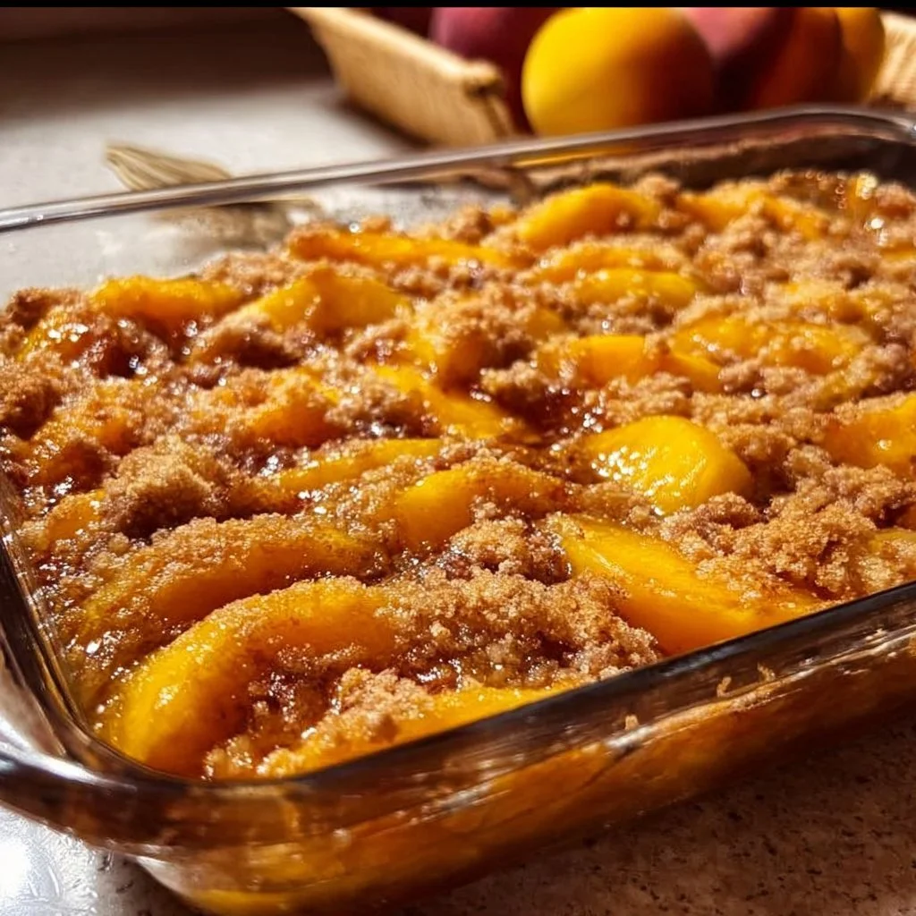 Delicious old-fashioned peach cobbler served in a rustic dish
