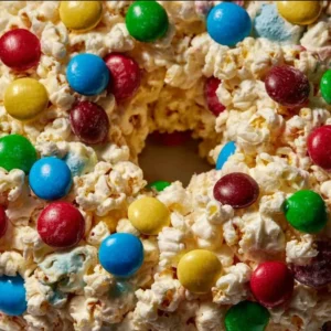 Deliciously decorated Popcorn Cake with colorful toppings served on a plate