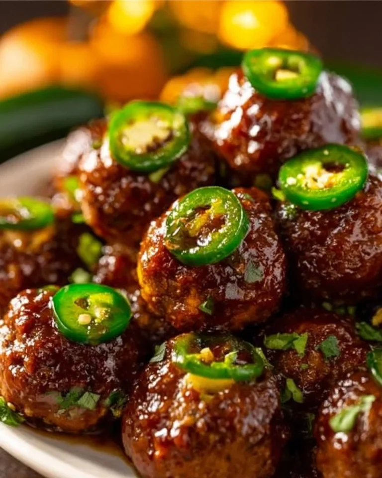 Pumpkin BBQ Jalapeño Meatballs served on a plate, garnished and ready to eat.