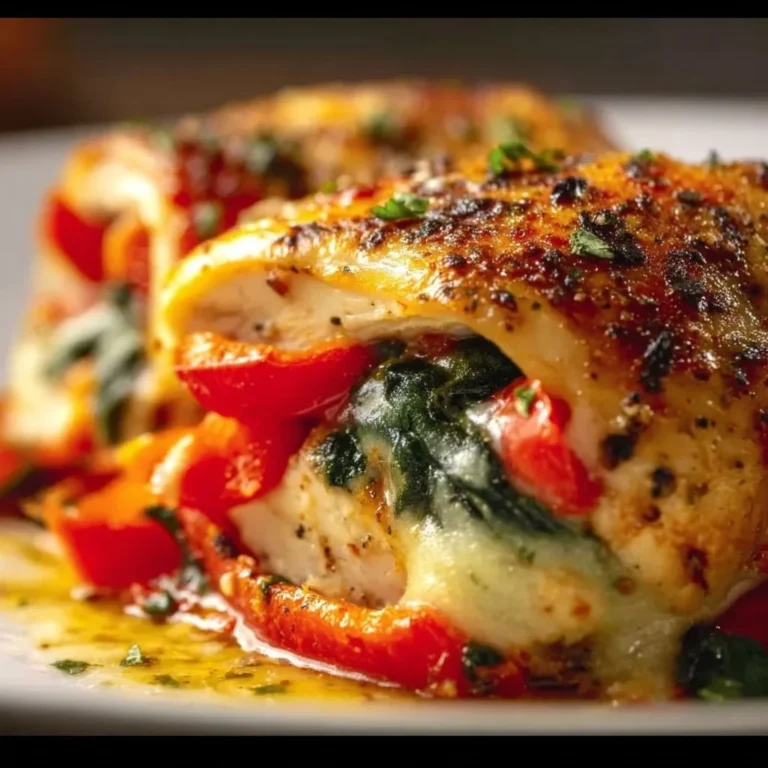 Plate of roasted red pepper stuffed chicken garnished with herbs