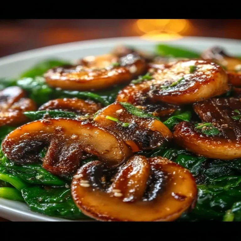 Sautéed mushrooms with spinach in a skillet, garnished and ready to serve.