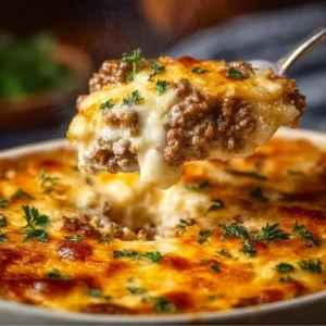 Savory beef and rice casserole topped with cheese and herbs.