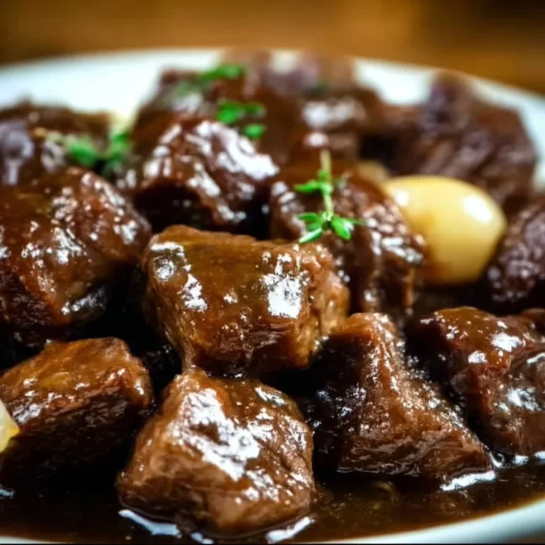 Delicious slow-cooked beef in onion sauce served in a rustic bowl.