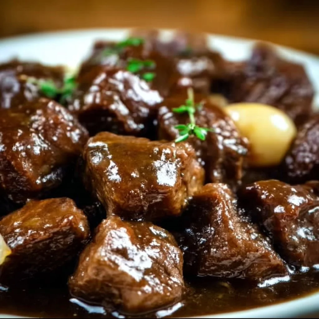 Delicious slow-cooked beef in onion sauce served in a rustic bowl.