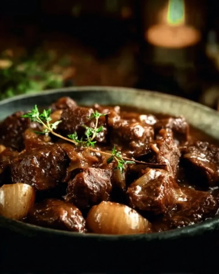 Slow-cooked beef in onion sauce served in a rustic bowl with herbs.