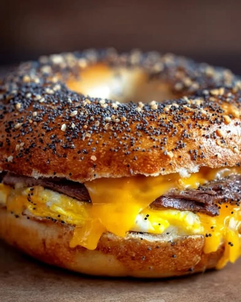 Steak Egg Cheese Bagel topped with melted cheese and fresh ingredients