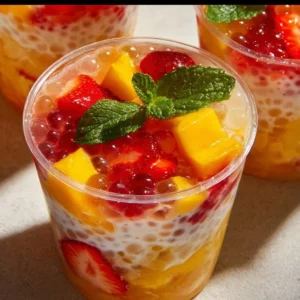 Delicious Strawberry Mango Sago dessert with fresh strawberries and mangoes